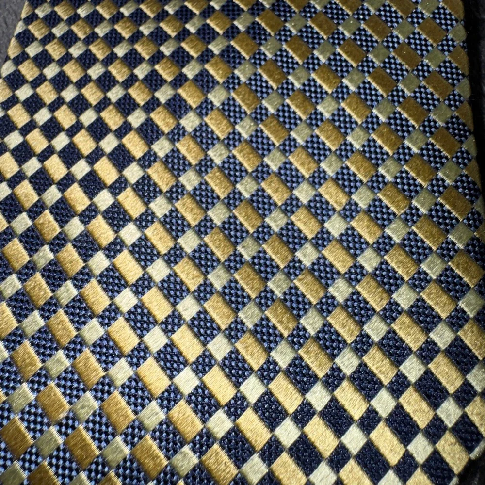 Foggia Mens Silk Tie Navy Gold Yellow Geometric Checkerboard Handmade Necktie
